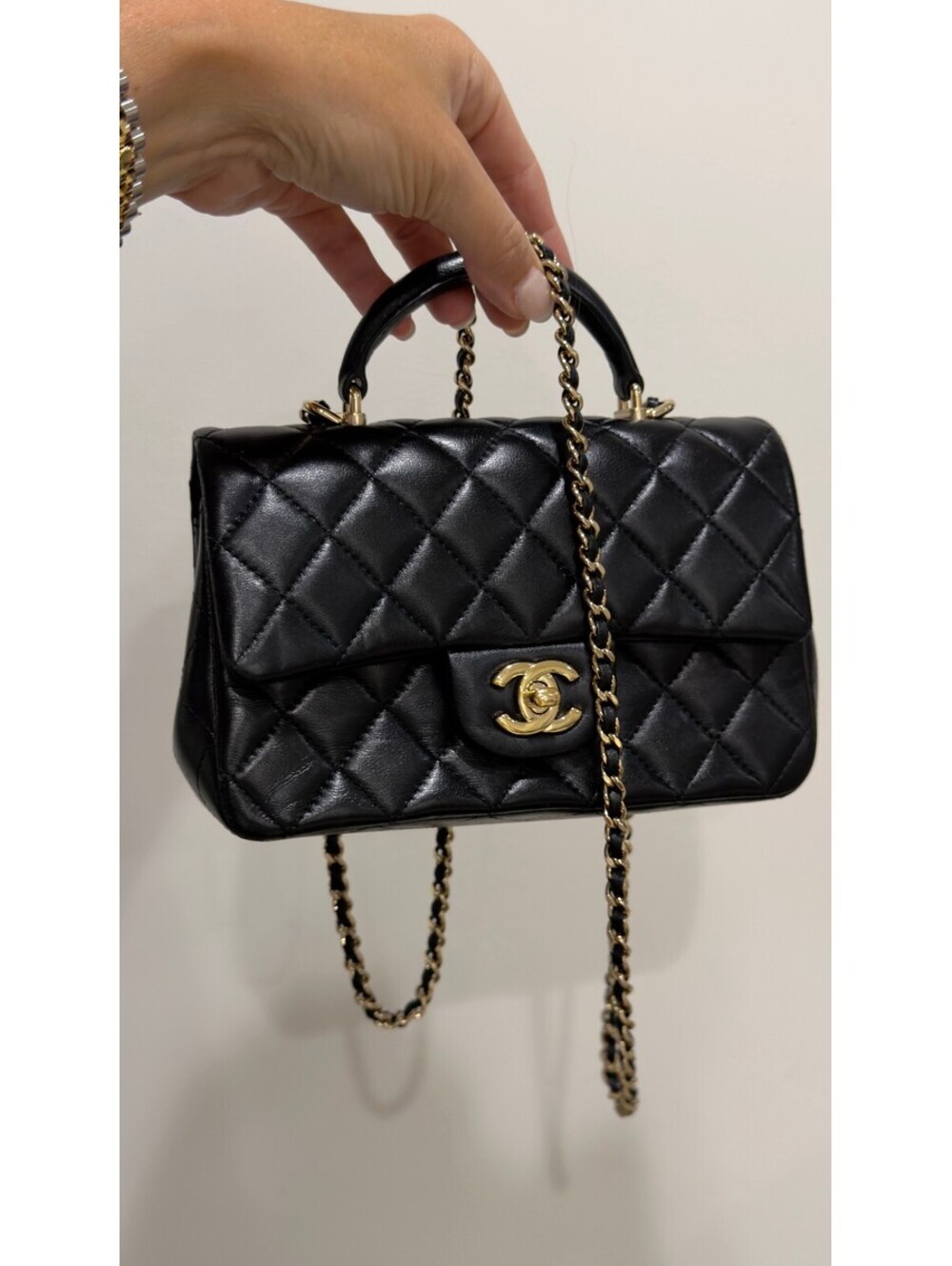 CHANEL - Mini Classic with Top Handle, Black/Gold